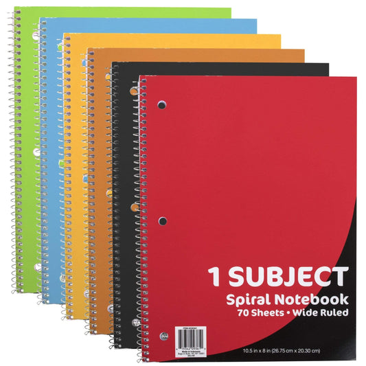 1 Subject Spiral Bound Notebook Wide Ruled 70 Sheets