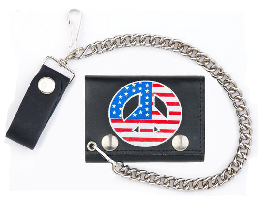 Wholesale USA PEACE SIGN TRIFOLD LEATHER WALLETS WITH CHAIN (Sold by the piece)