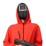 man wearing red hoodie and square pattern korean game mask