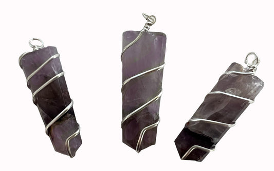 Buy LARGE 2" FLAT AMETHYST COIL WRAPPEDSTONE PENDANT (sold by the piece or bag of 10Bulk Price
