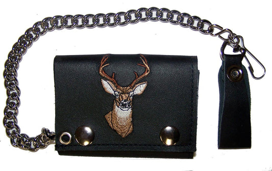 Wholesale EMBROIDERED BIG BUCK DEER TRIFOLD LEATHER WALLET WITH CHAIN (Sold by the piece)